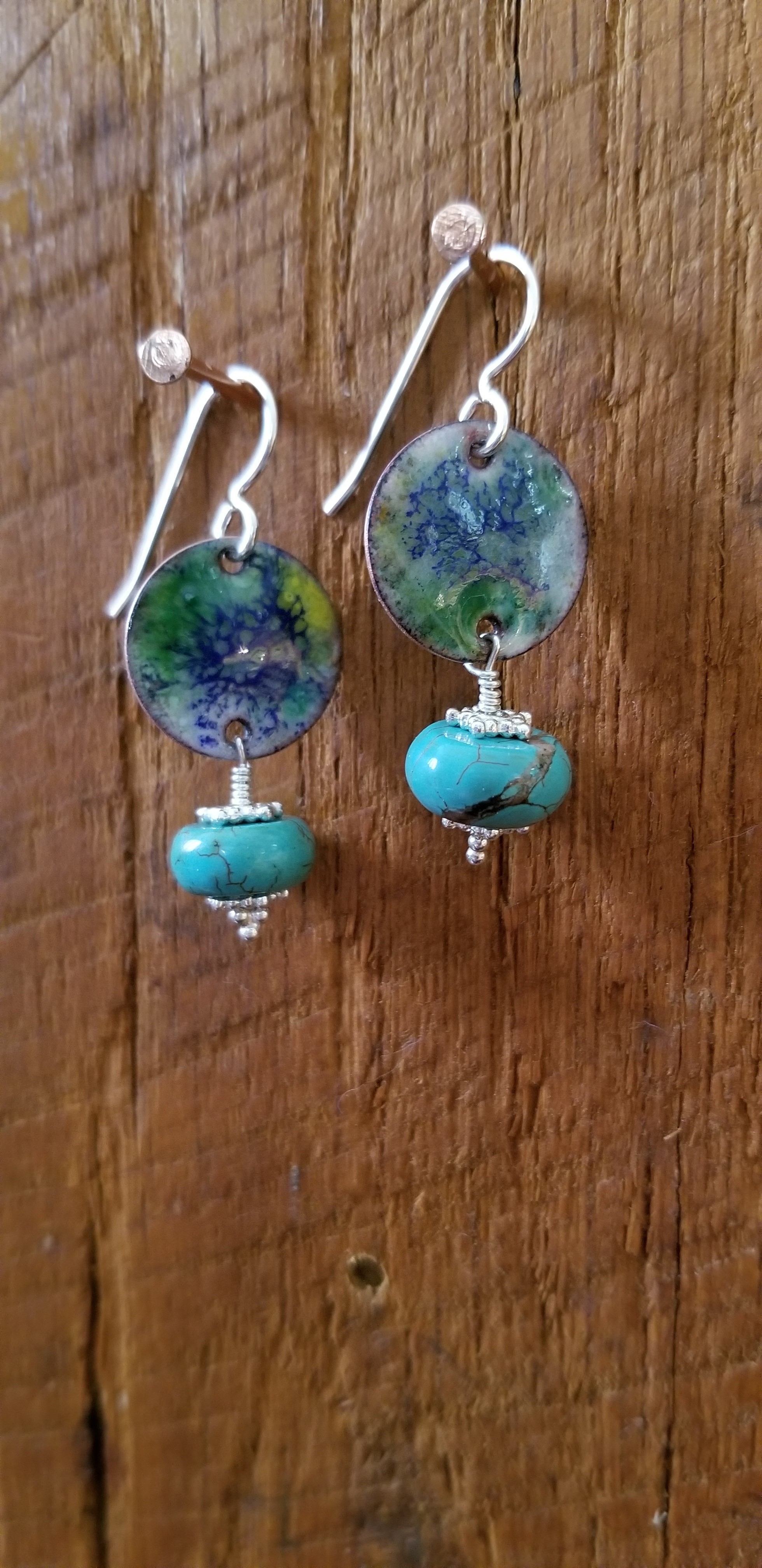 Glass Enamel and Copper Earrings, Multicolored with turquoise